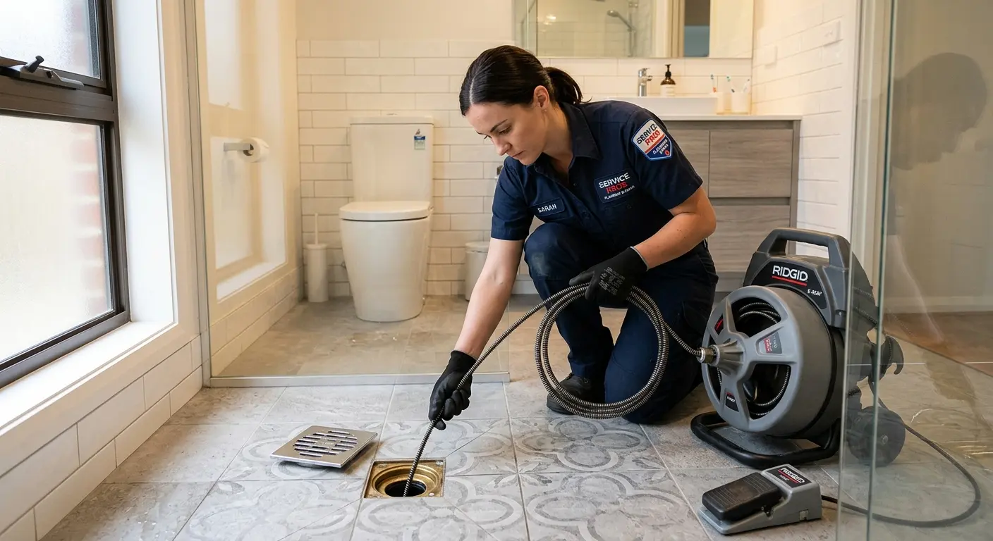 Technician clearing a bathroom floor drain for Drain Cleaning in Chester